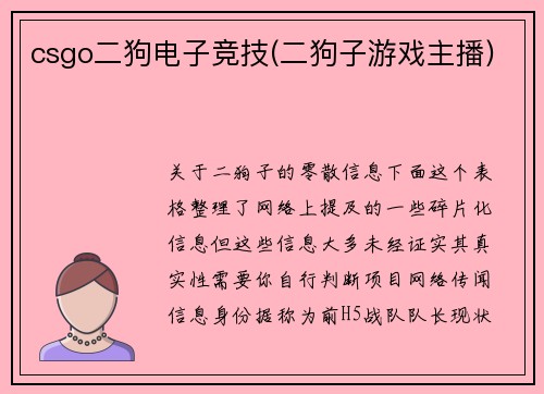 csgo二狗电子竞技(二狗子游戏主播)
